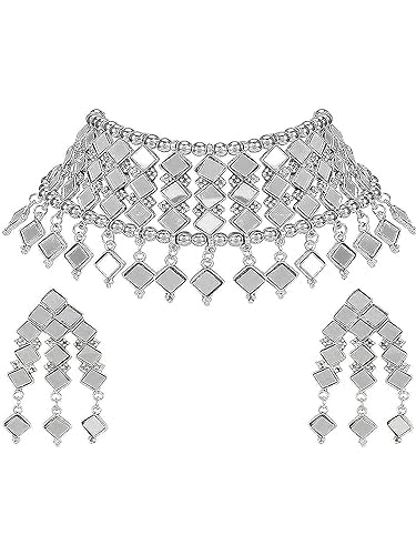 Tehzeeb Creations Women's Silver Colour Oxidised Necklace And Earring With Mirror Work - Swadesiicart