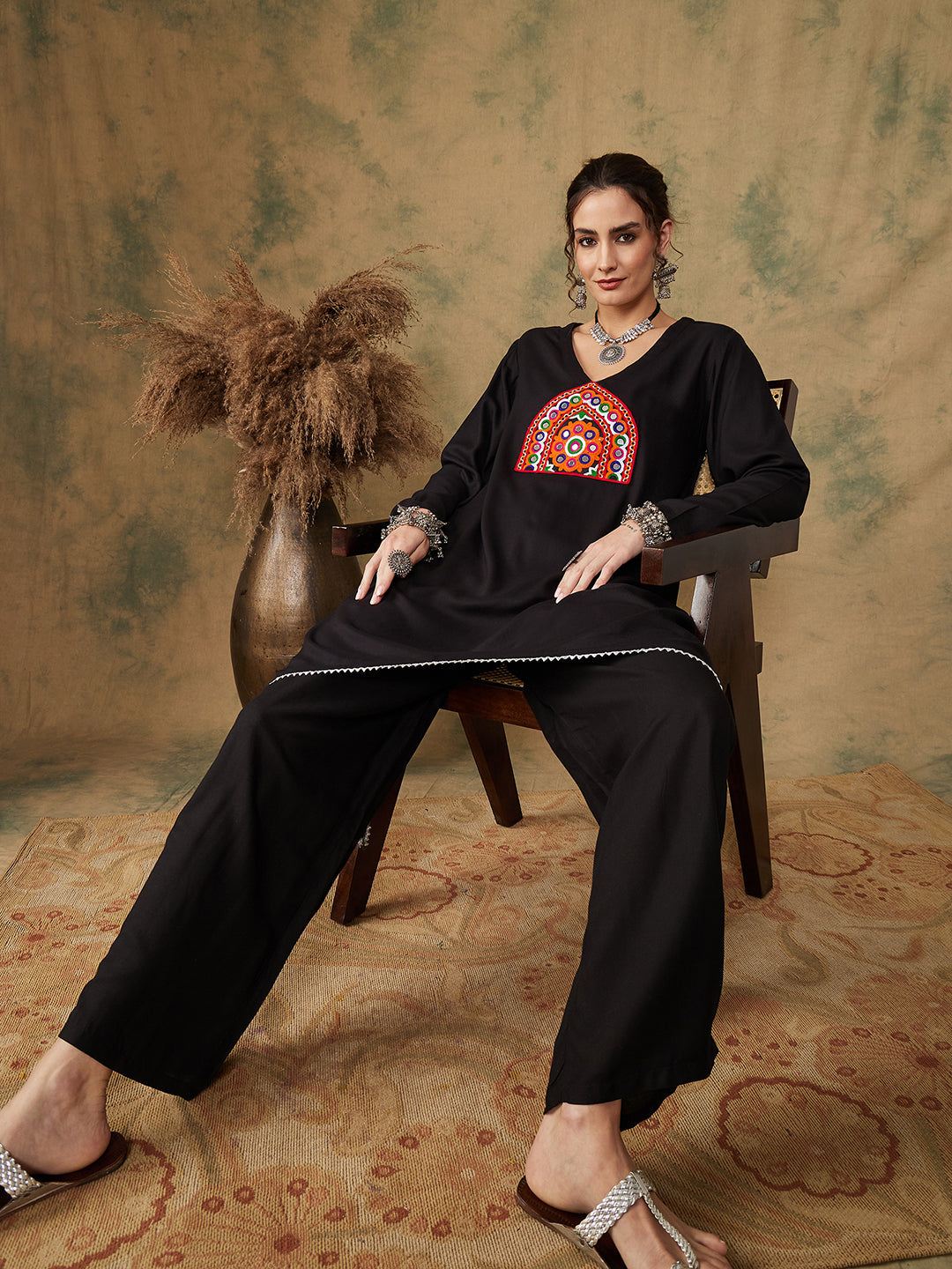InWeave Women's Black Trangle Maroon Patch Work Assymentrical Kurta Set - Swadesiicart