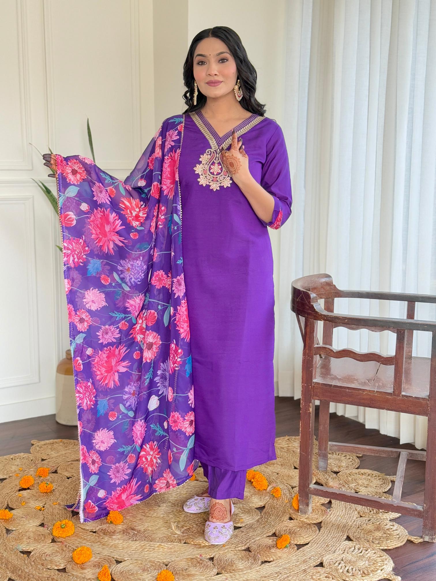 The52 Women's Beautiful Roman Silk Embroidered Straight Kurta with Pant And Dupatta Set - Swadesiicart