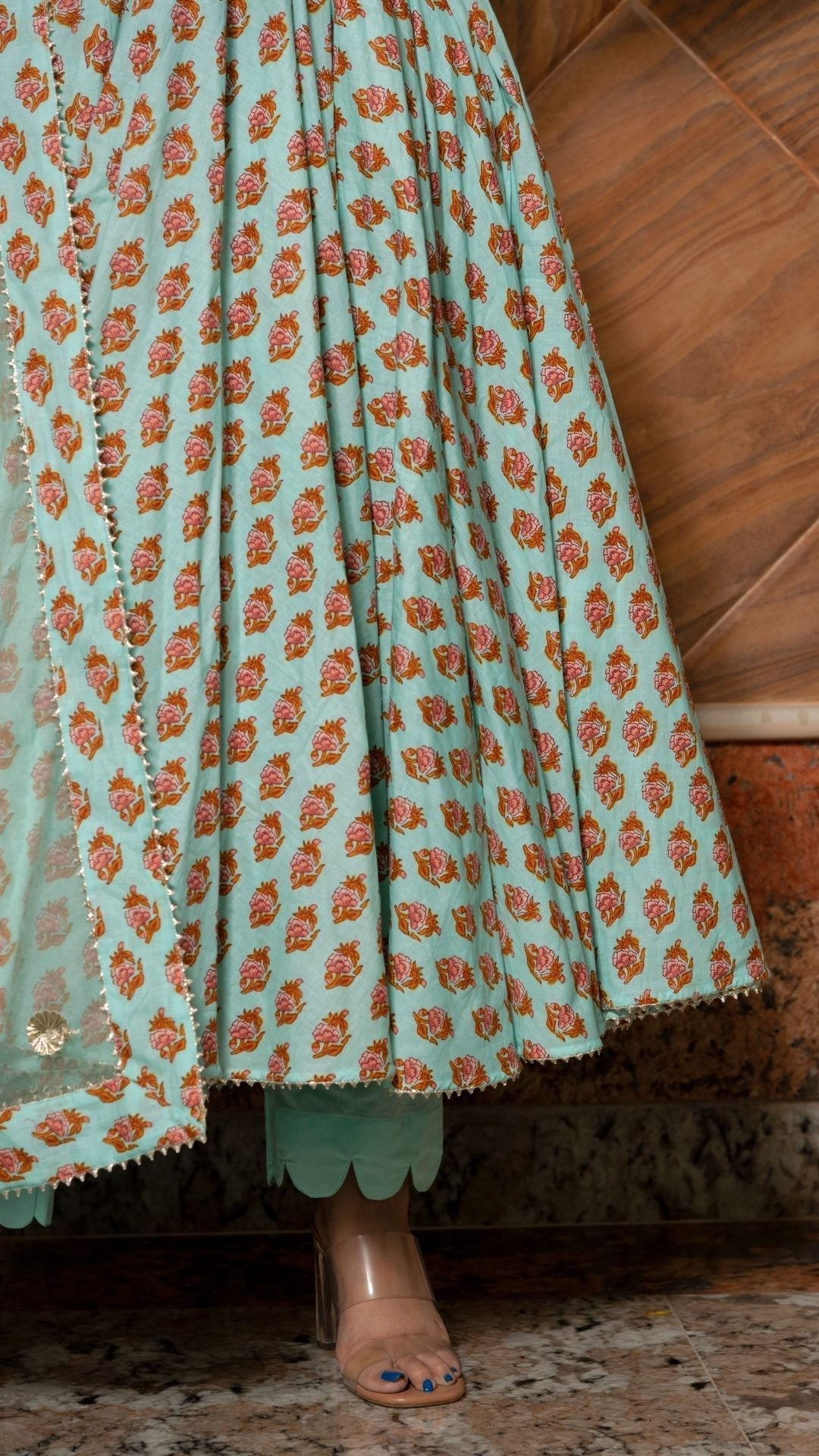 Pomcha Jaipur Lilly Of Valley Hand Block Anarkali Set | Swadesiicart