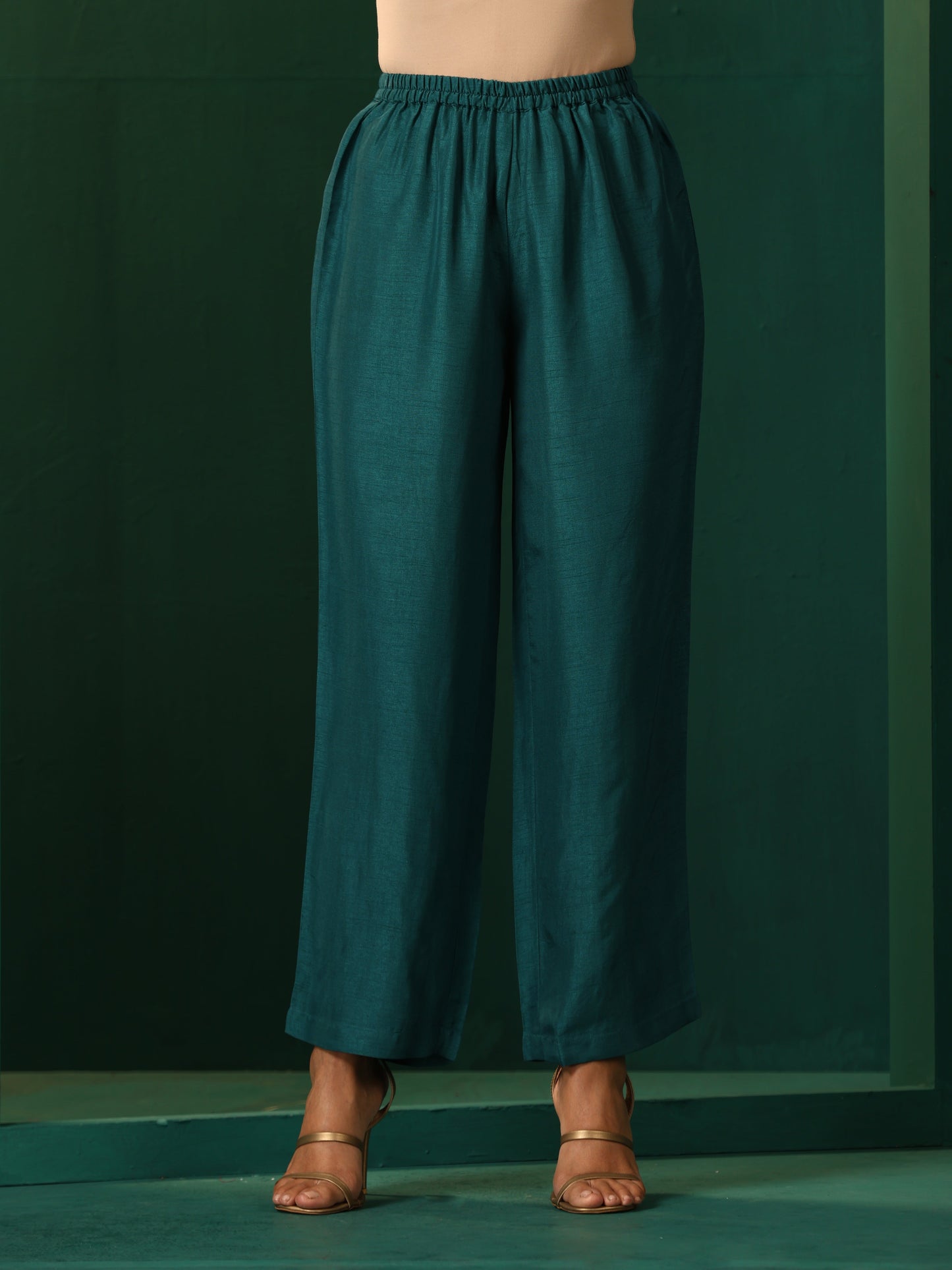 trueBrowns Teal Silk Relaxed Placket Co-ord Set - Swadesiicart