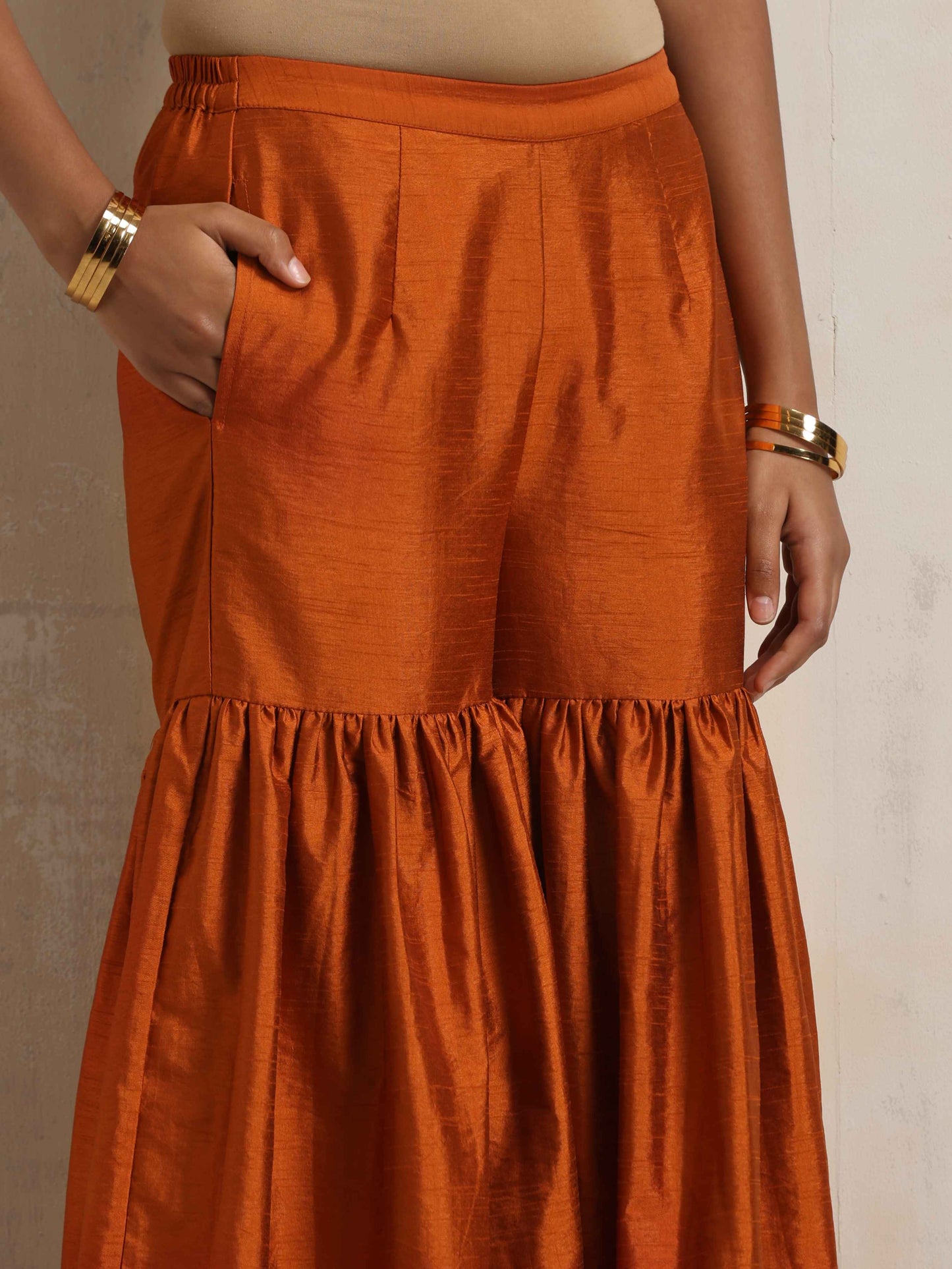 trueBrowns Orange Silk Sharara Dupatta Set | Swadesiicart