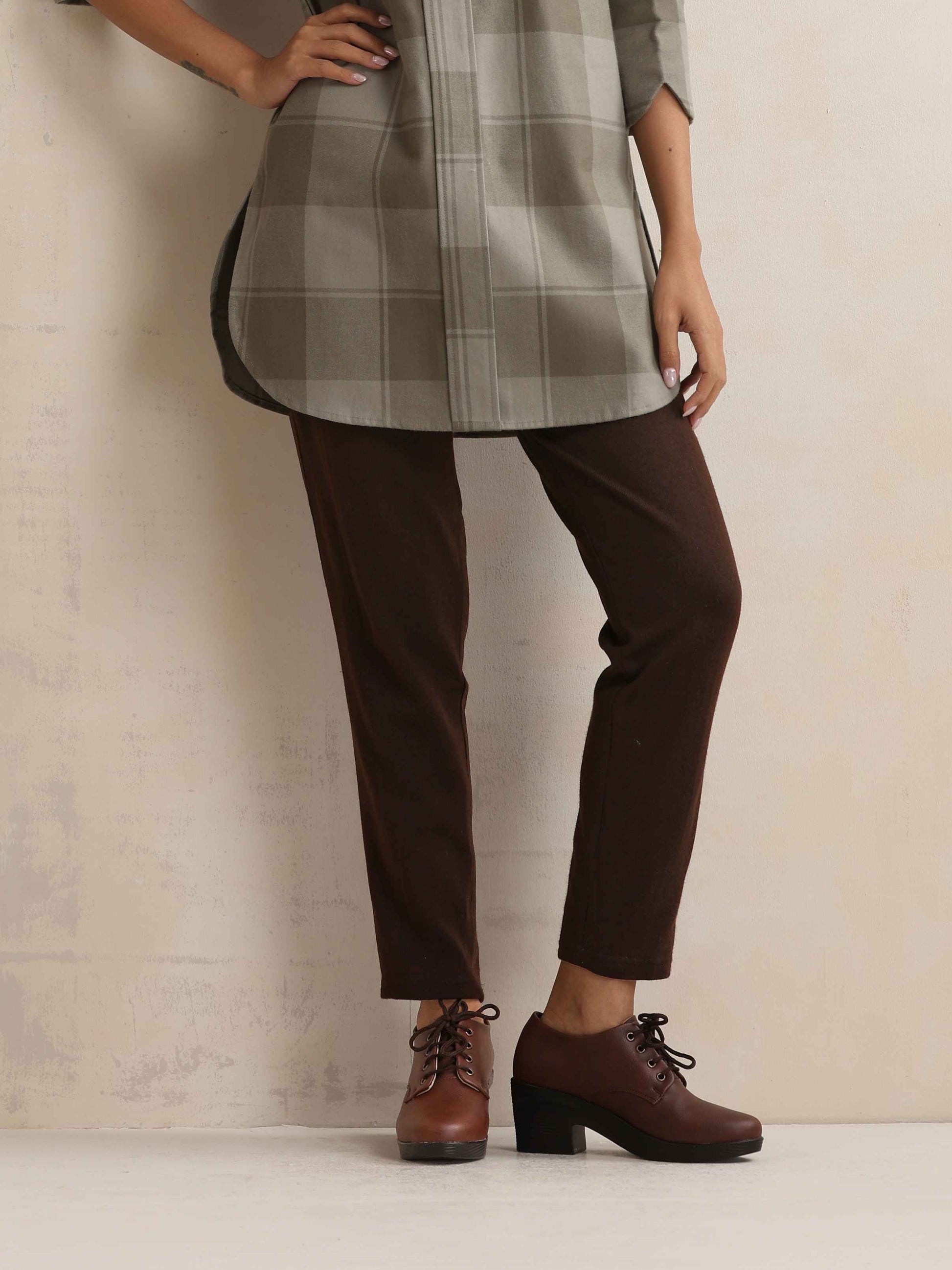 trueBrowns Green Check High Neck Winter Top | Swadesiicart