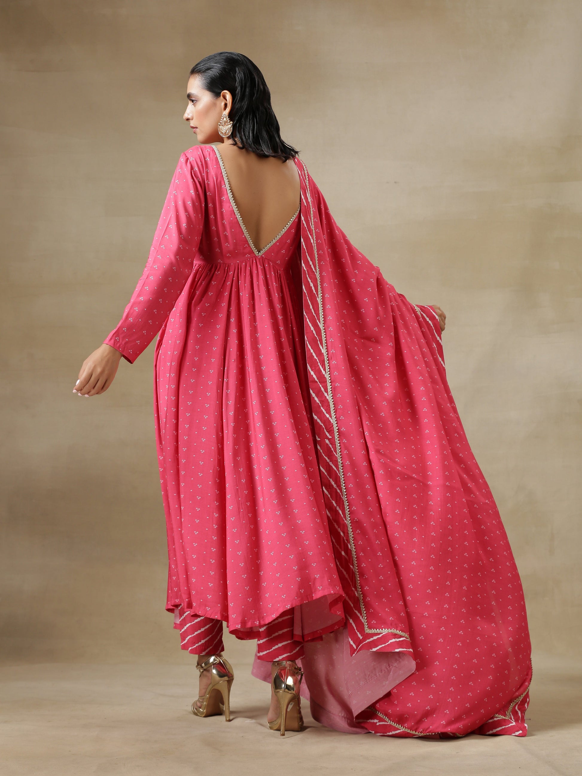 trueBrowns Pink Bandhani Printed Silk Anarkali Kurta Pant Dupatta Set | Swadesiicart