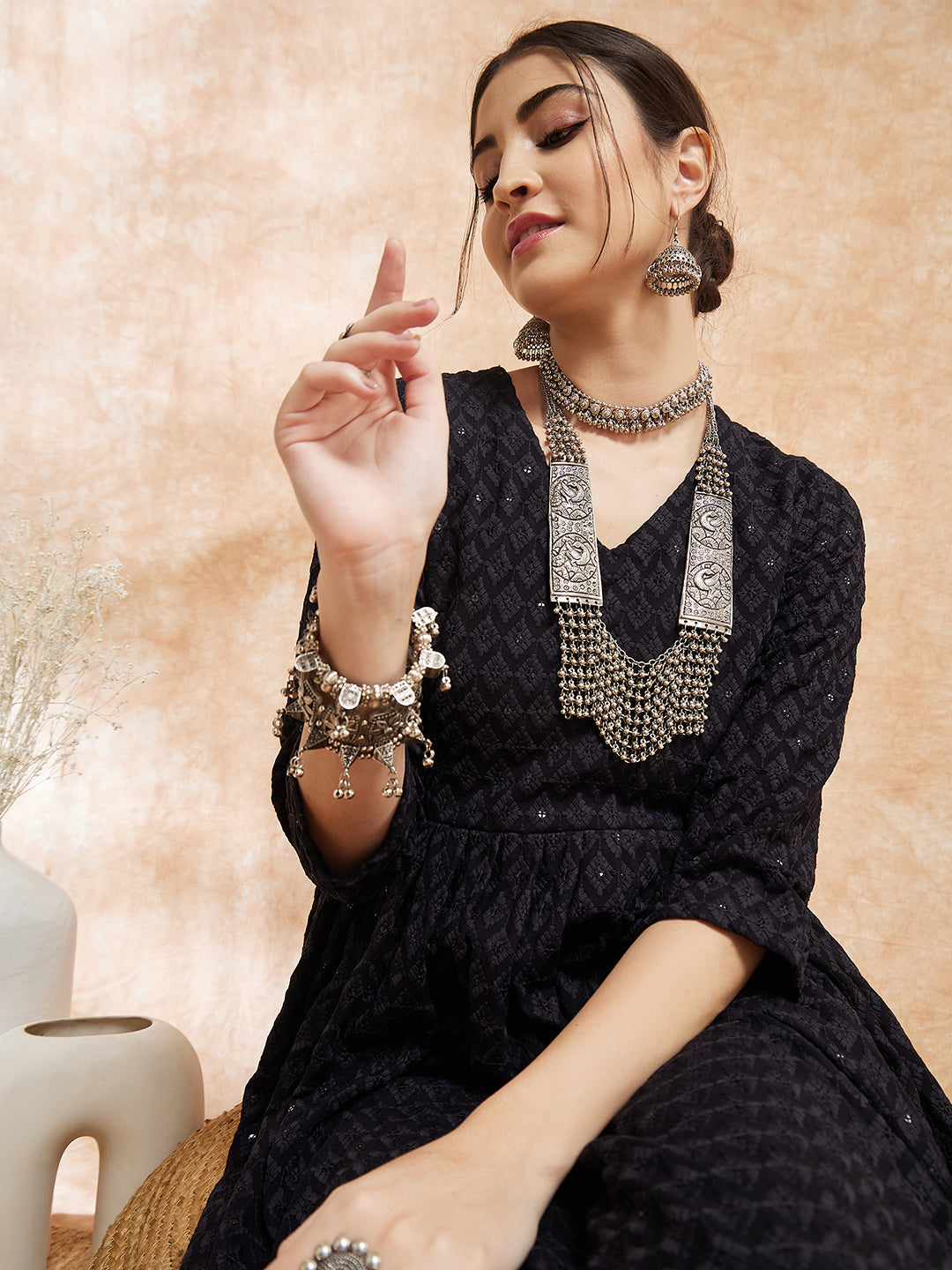 InWeave Women's Black Chikankari Long Anarkali Kurta Sharara Set - Swadesiicart