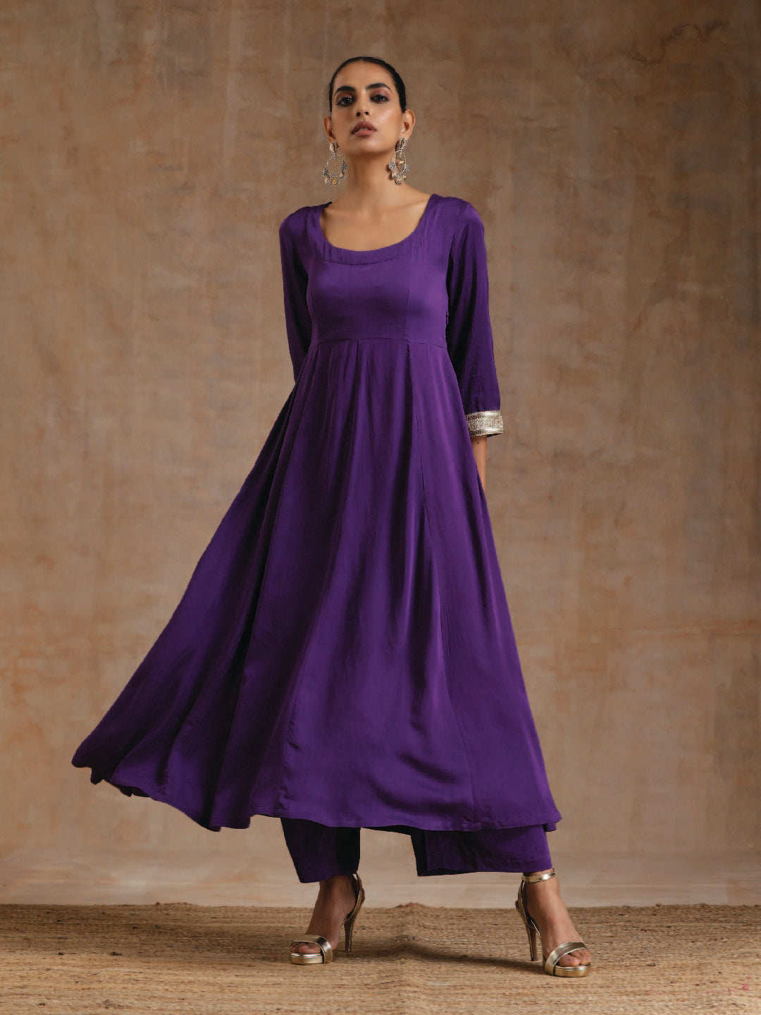 trueBrowns Violet Modal Satin Anarkali Set | Swadesiicart