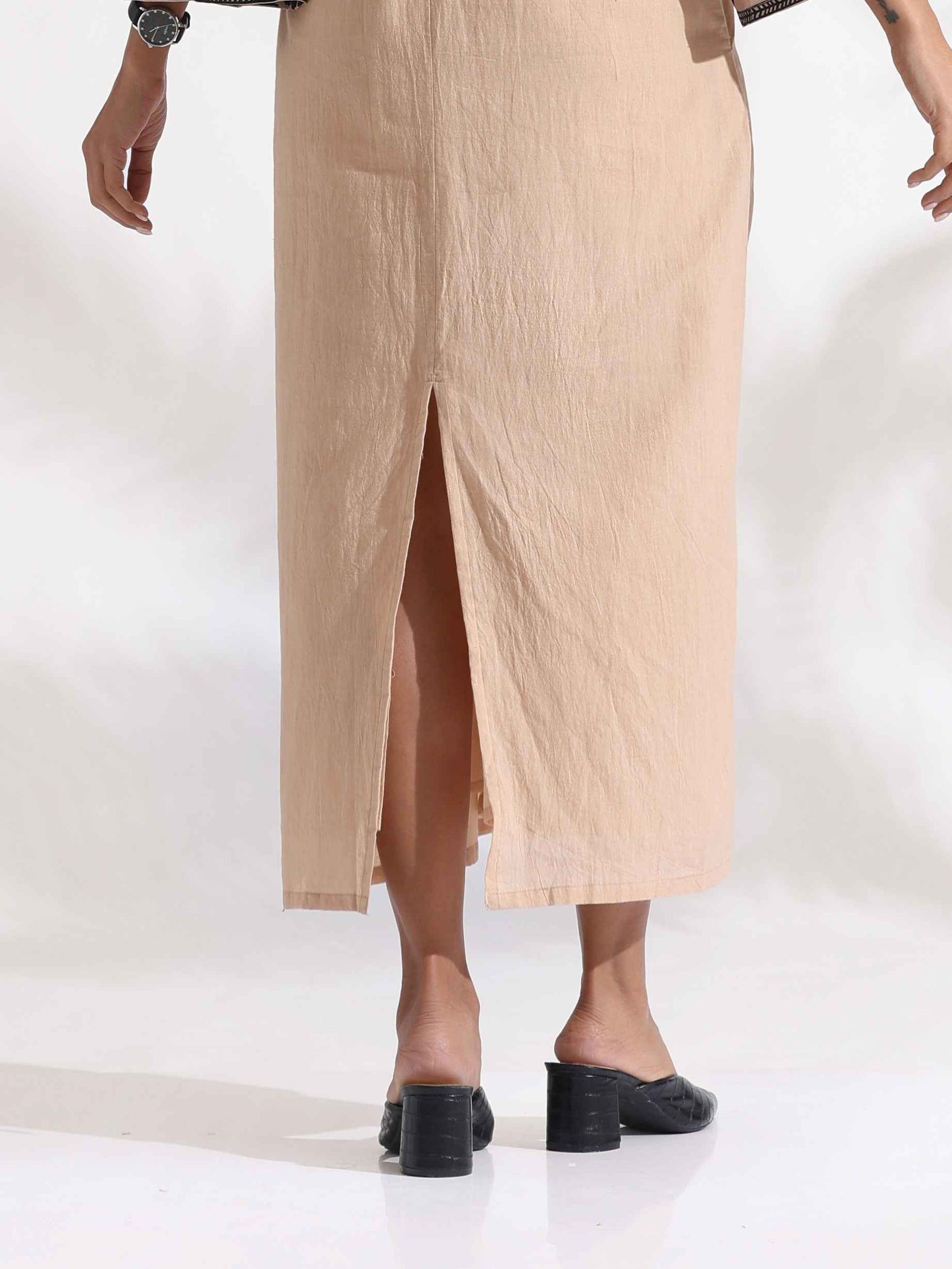 trueBrowns Beige Cotton Print Long Dress | Swadesiicart