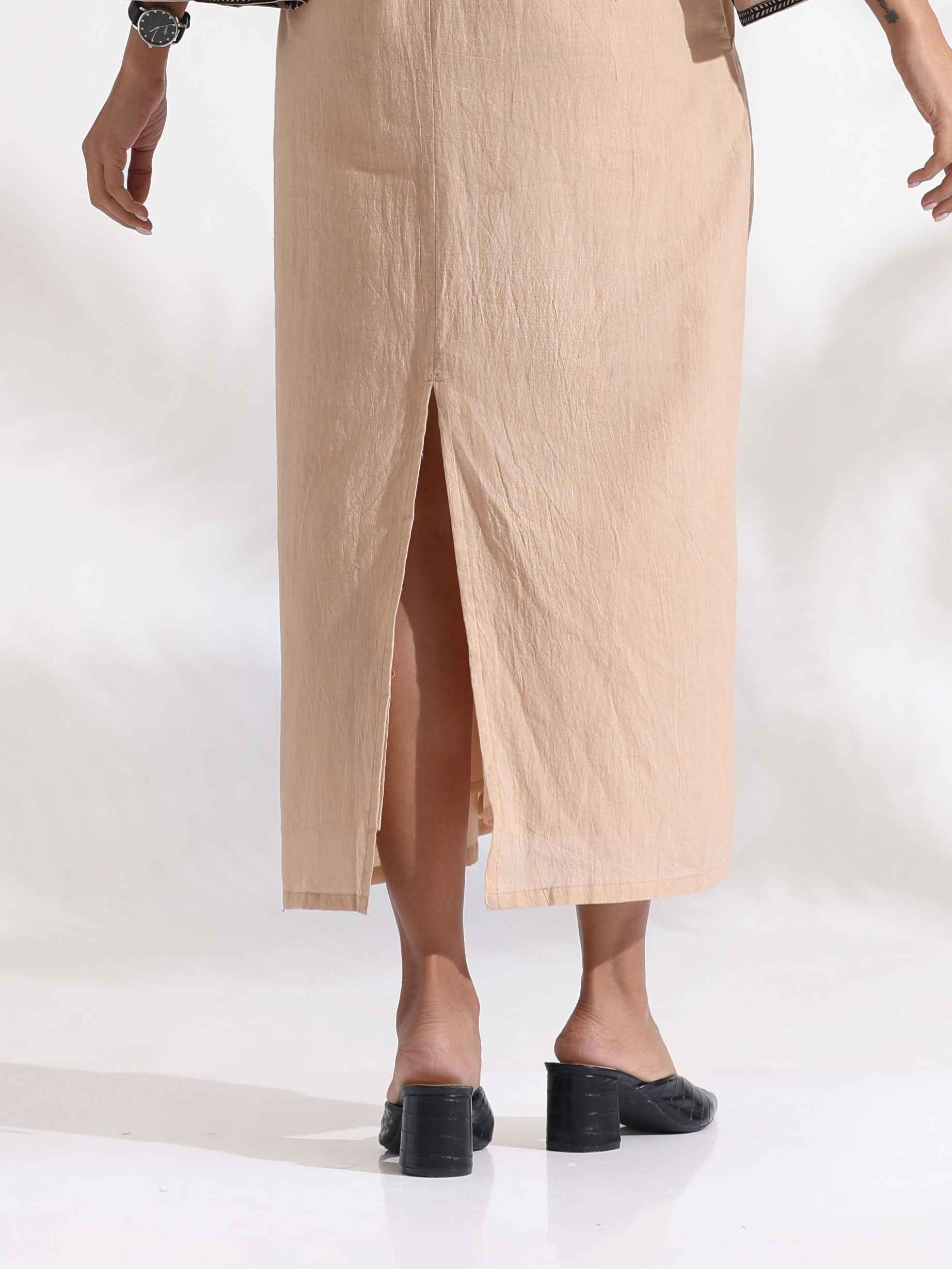 trueBrowns Beige Cotton Print Long Dress | Swadesiicart