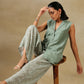 trueBrowns Light Green Bandhani Printed Silk Sleevesless Jacket Pant Set | Swadesiicart