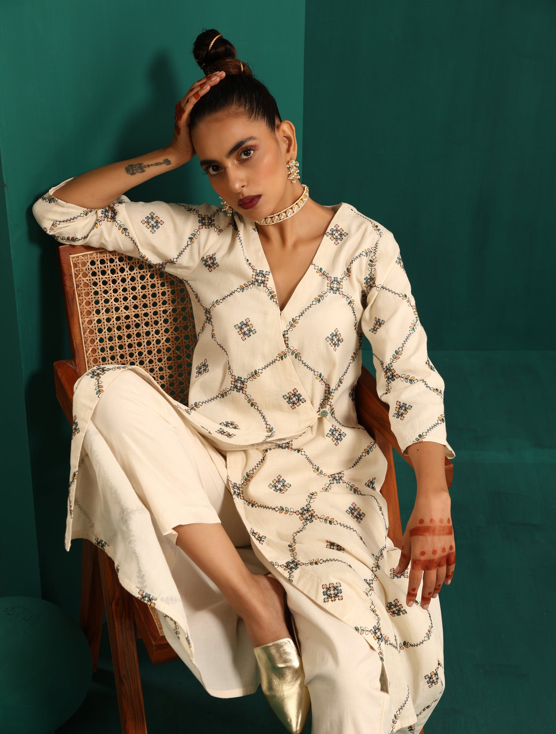 trueBrowns Ivory Rhombus Cotton Angrakha Kurta Pant Set | Swadesiicart
