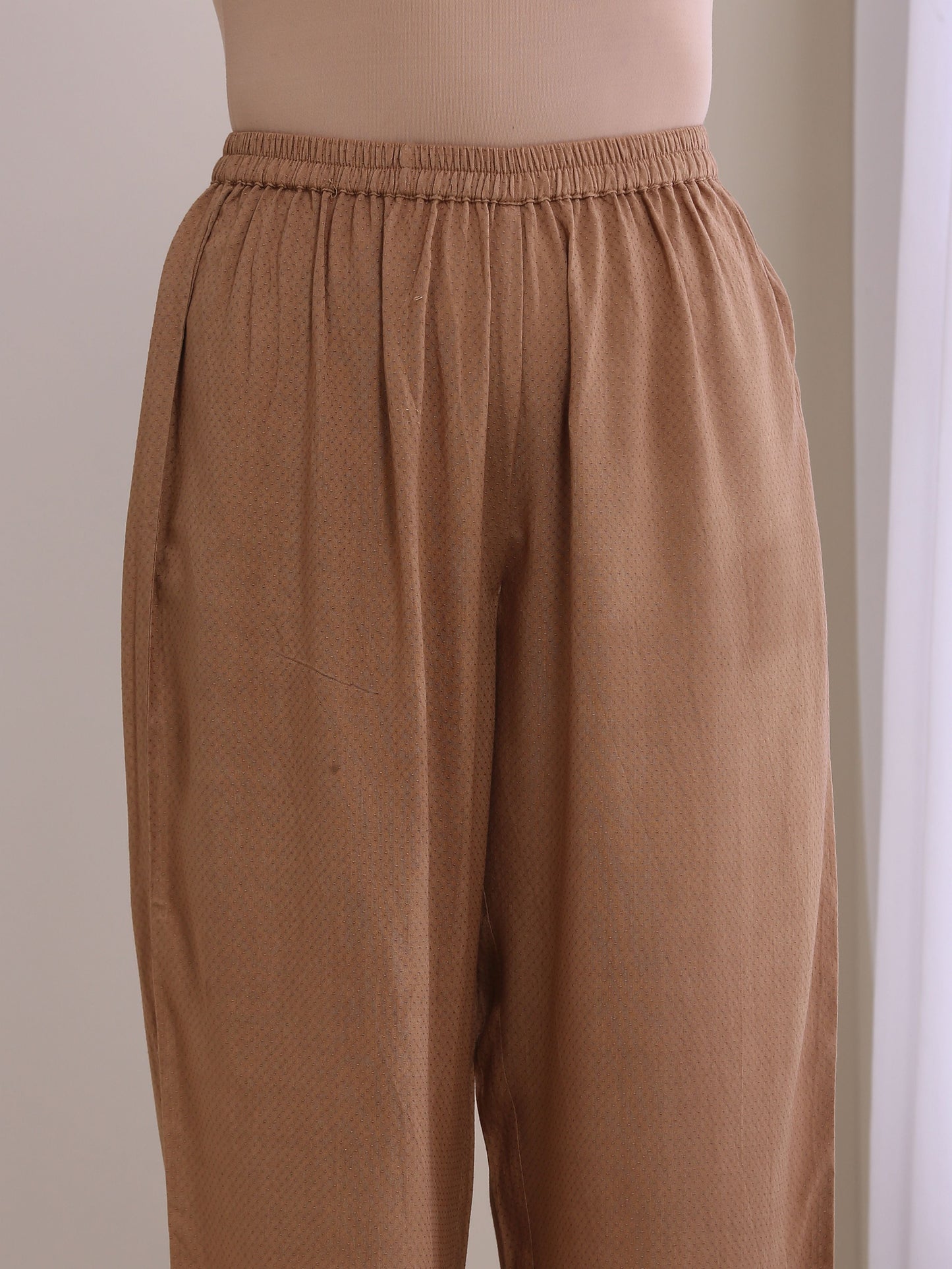 trueBrowns Beige Dobby Gathered Kurta Pant Set | Swadesiicart