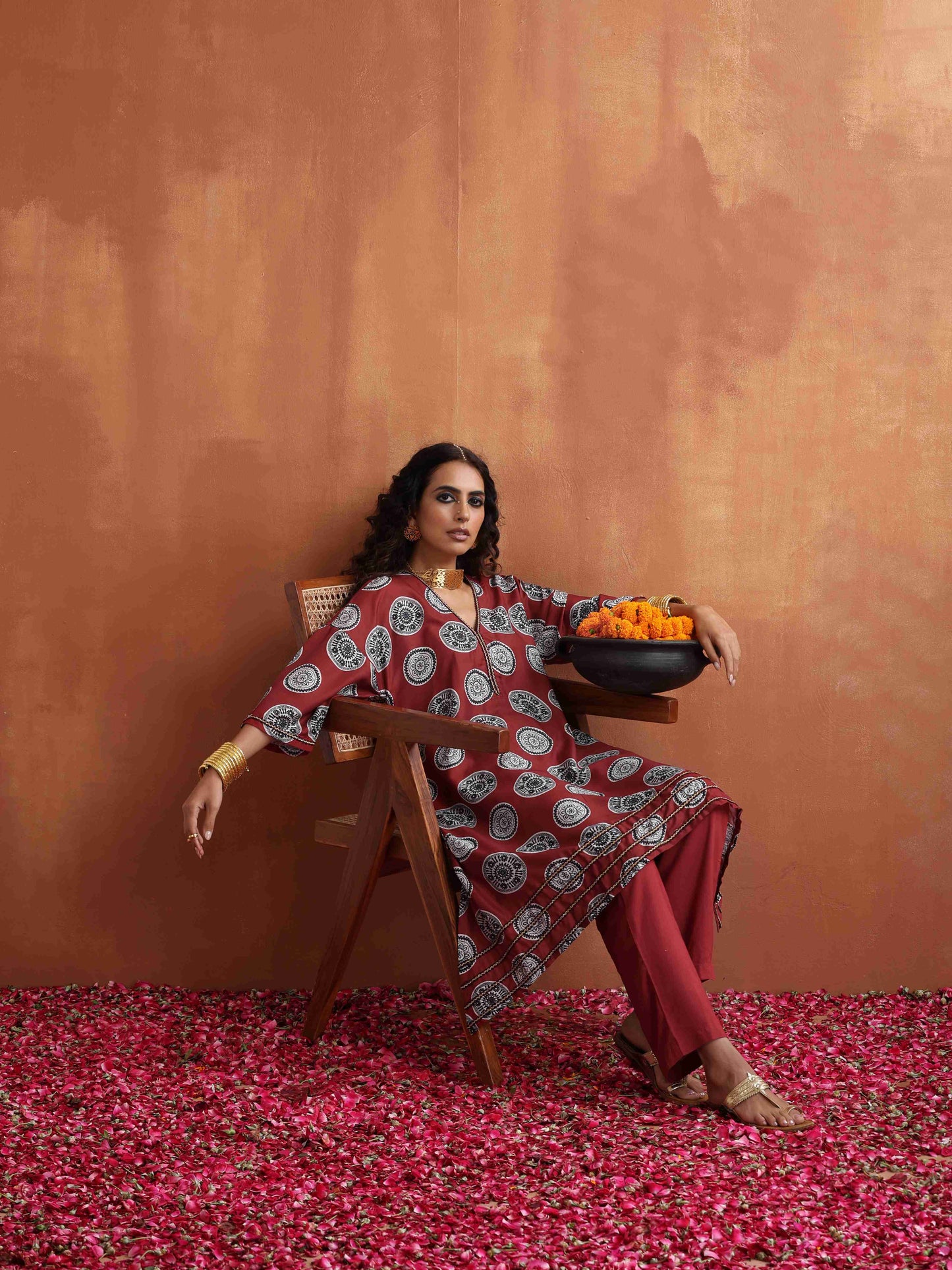 trueBrowns Maroon Print A-line Kurta Co-ord Set - Swadesiicart