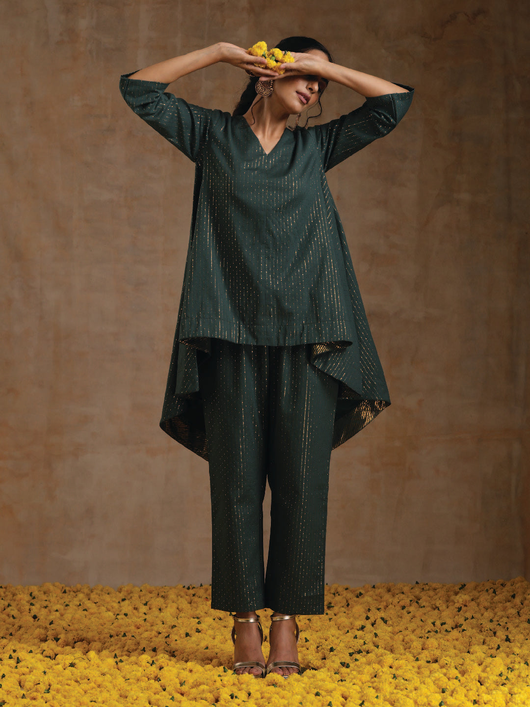 trueBrowns Dark Green Gold Cotton High-Low Co-Ord Set - Swadesiicart