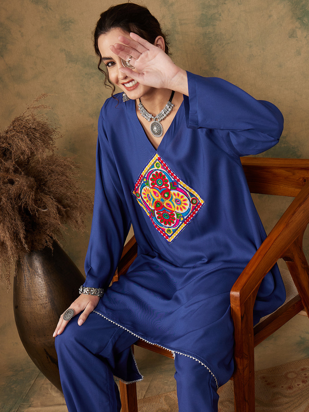 InWeave Women's Ink Blue Square Yellow Patch Work Assymentrical Kurta Set - Swadesiicart