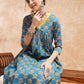 InWeave Women's Blue Orange Floral Yellow White Leh V Neck Kurta Set - Swadesiicart