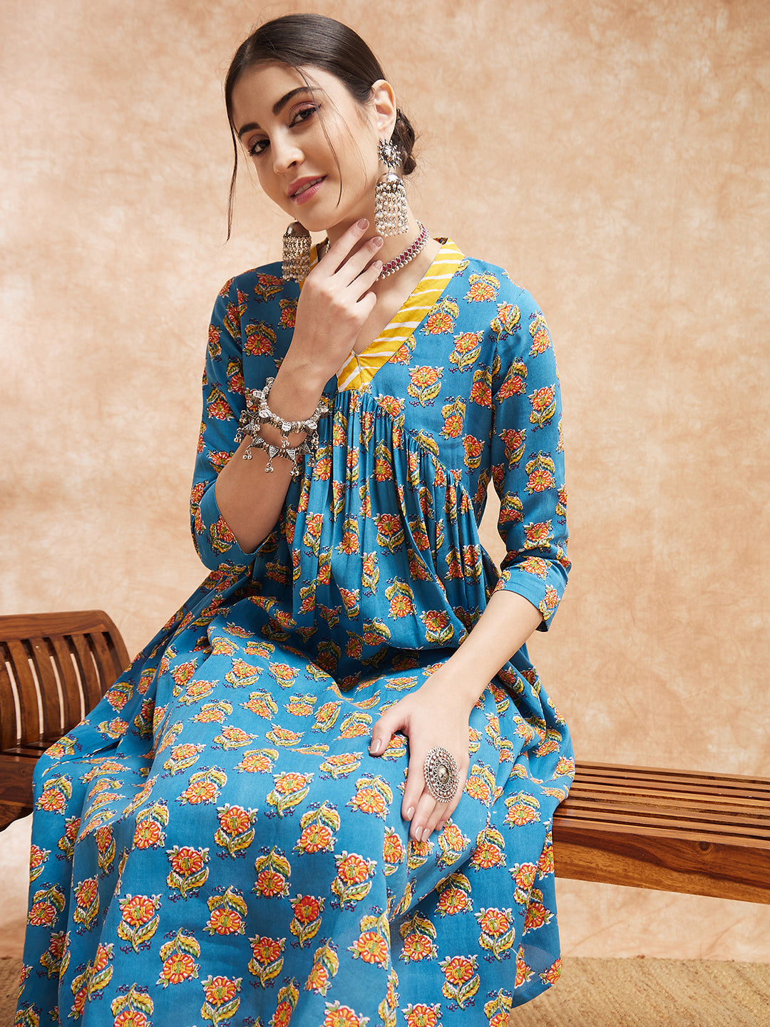 InWeave Women's Blue Orange Floral Yellow White Leh V Neck Kurta Set - Swadesiicart