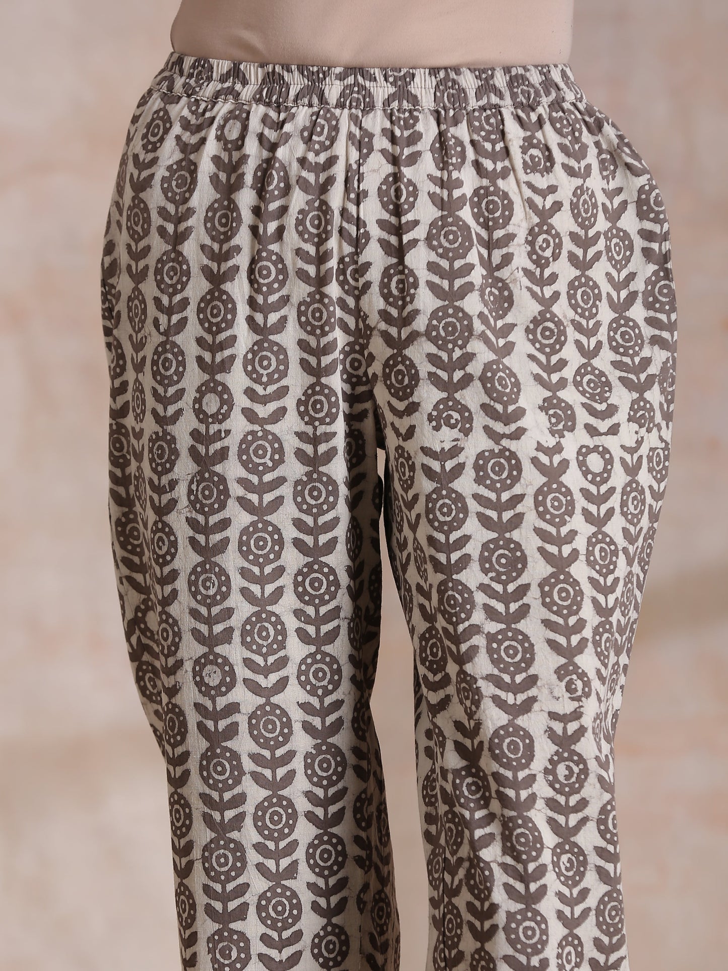 trueBrowns Clay Dabu Overall Print Cotton Panel Kaftan Kurta Pant Set | Swadesiicart