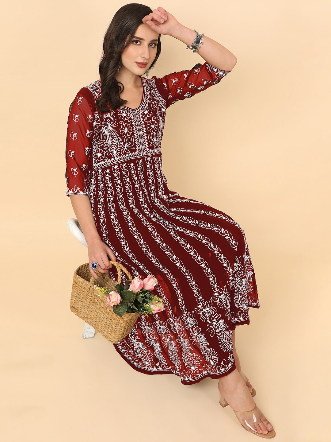 HERE&NOW Scoop Neck Chikankari Embroidered Thread Work Georgette Anarkali Kurta | Swadesiicart
