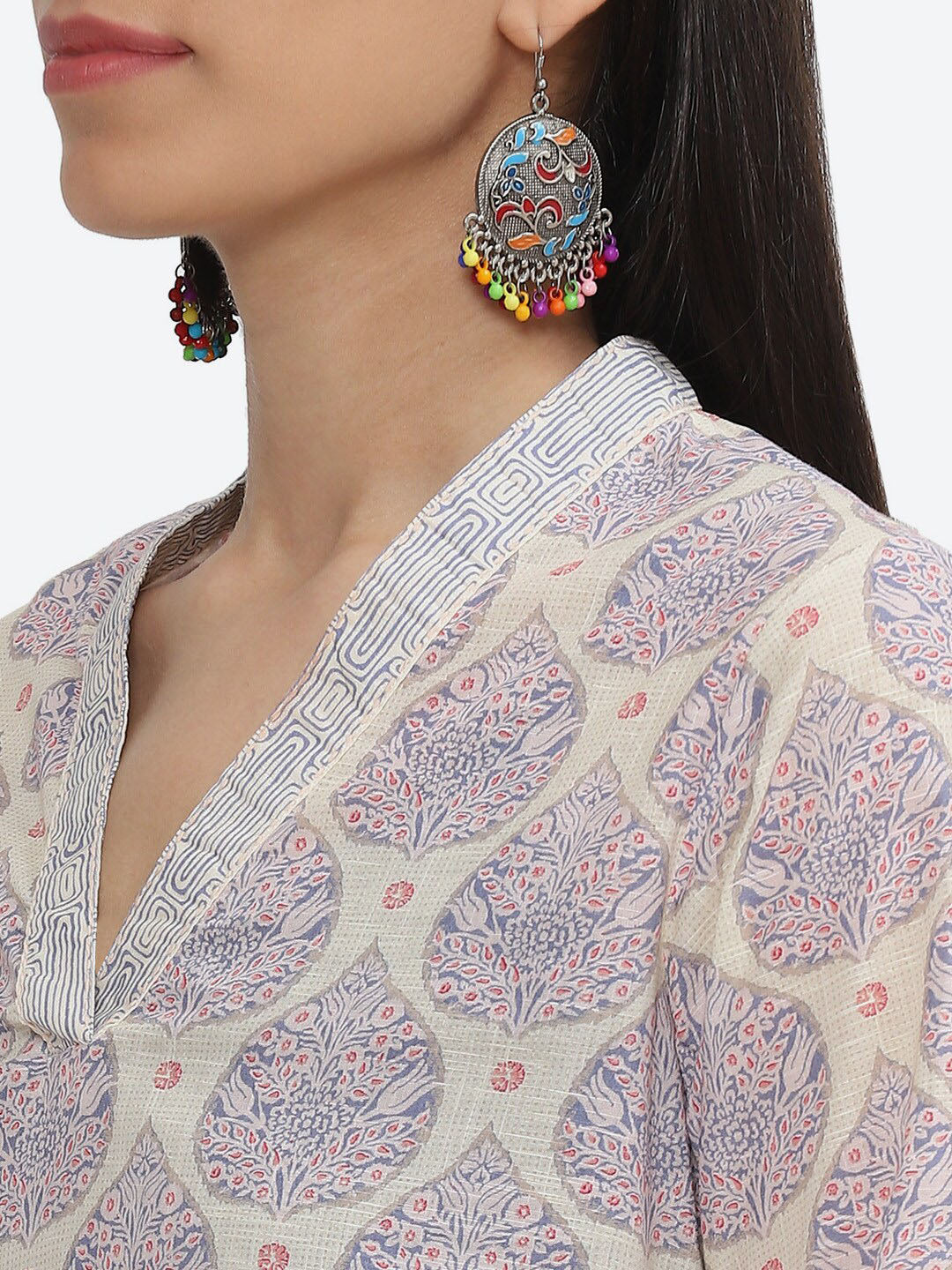 Biba V-Neck Ethnic Motifs Printed Pure Cotton Kurta - Swadesiicart