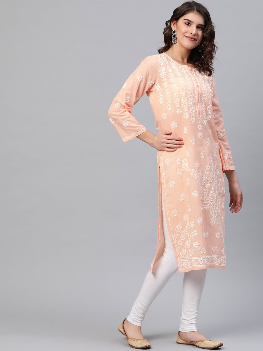 ADA Women Peach-Coloured & White Chikankari Embroidered Cotton Straight Sustainable Kurta | Swadesiicart