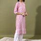 Vishudh Pink Floral Printed Keyhole Neck Straight Kurta - Swadesiicart