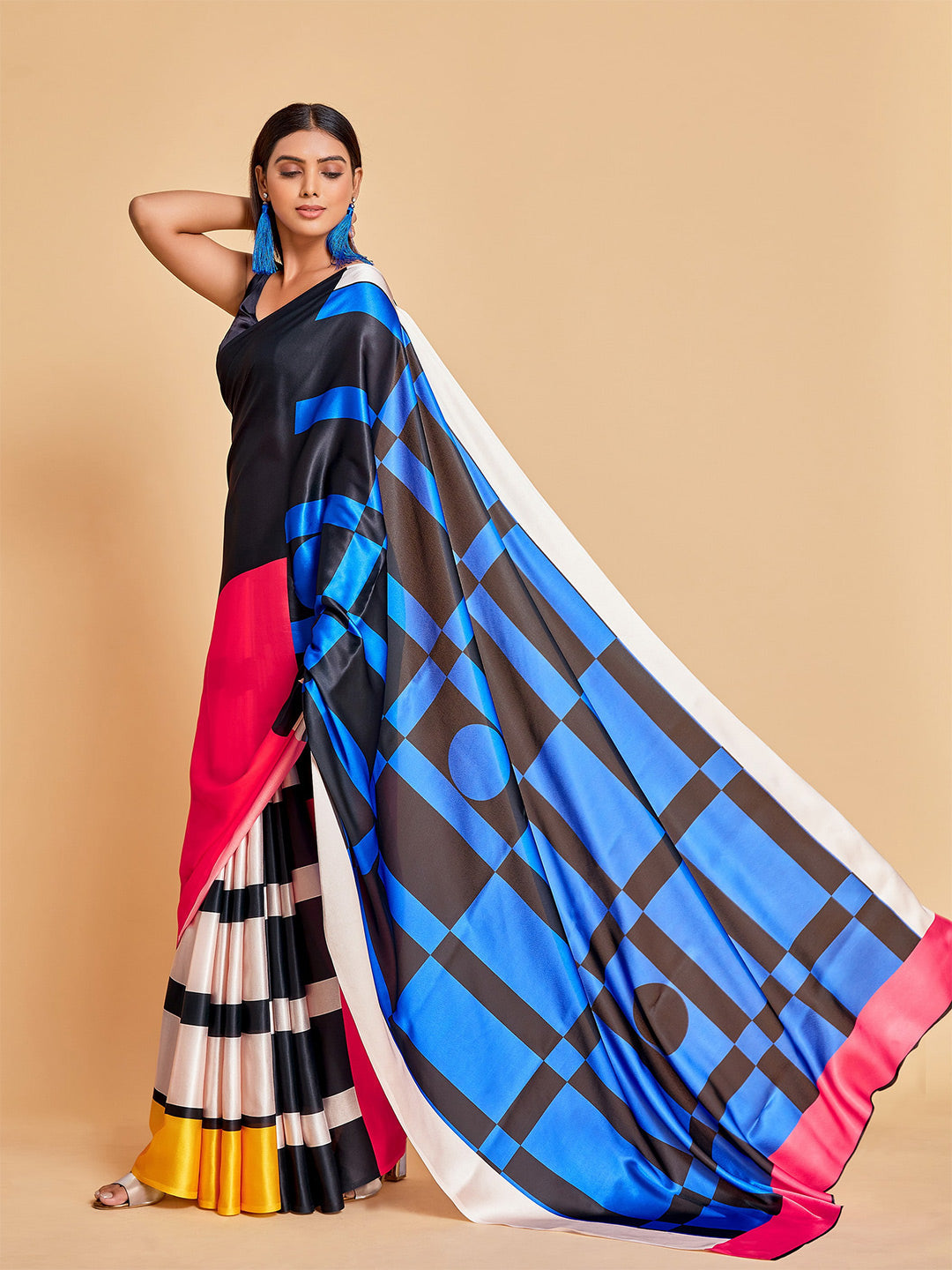 Sangria Blue & Black Striped Satin Ready to Wear Saree | Swadesiicart