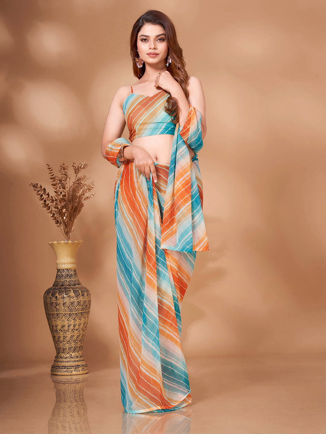 Tikhi Imli Striped Georgette Leheriya Ready to Wear Saree | Swadesiicart