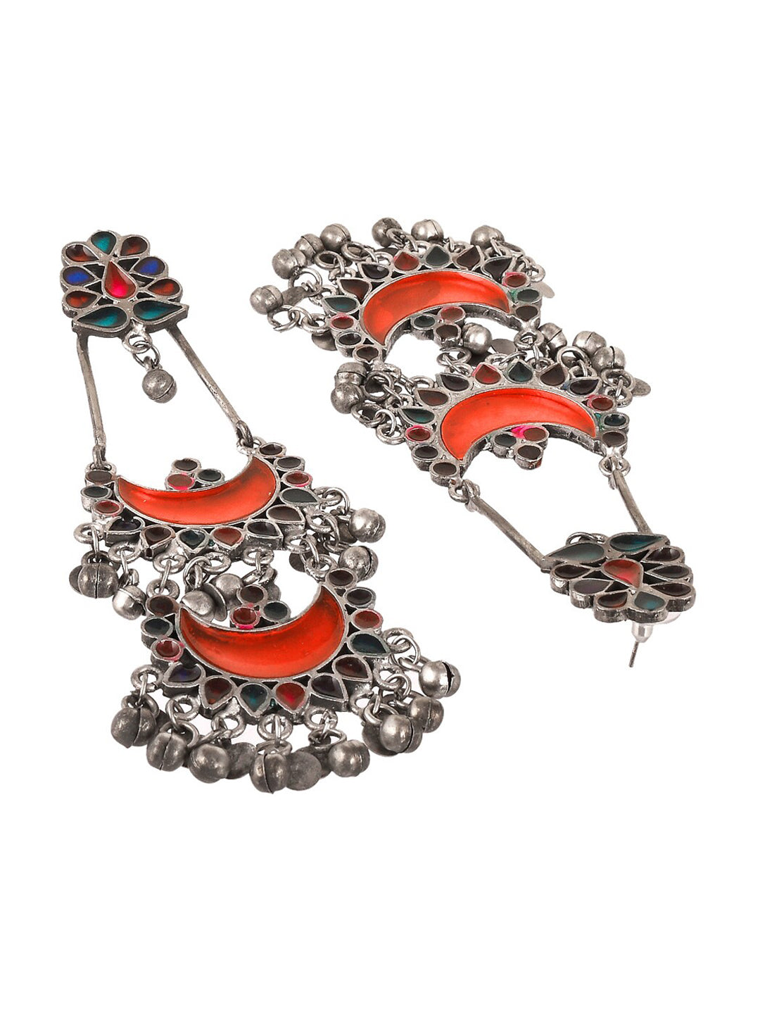 Shoshaa Silver-Plated Oxidised Multi Stones Drop Earrings | Swadesiicart