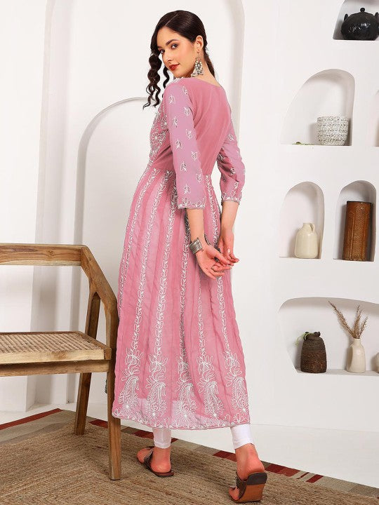 HERE&NOW Women Chikankari Embroidered Thread Work Georgette Anarkali Kurta | Swadesiicart