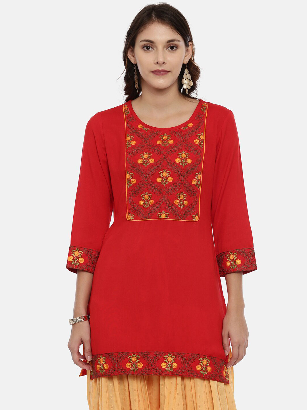 Souchii Women Red & Yellow Floral Yoke Design Kurta - SOUCHII