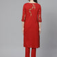 ADA Women Red & Beige Paisley Chikankari Embroidered Sustainable Handloom Kurta with Trousers | Swadesiicart