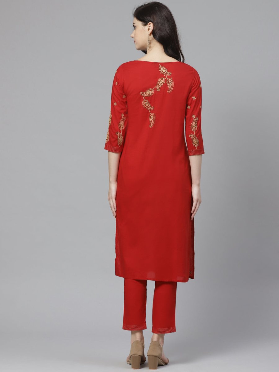 ADA Women Red & Beige Paisley Chikankari Embroidered Sustainable Handloom Kurta with Trousers | Swadesiicart