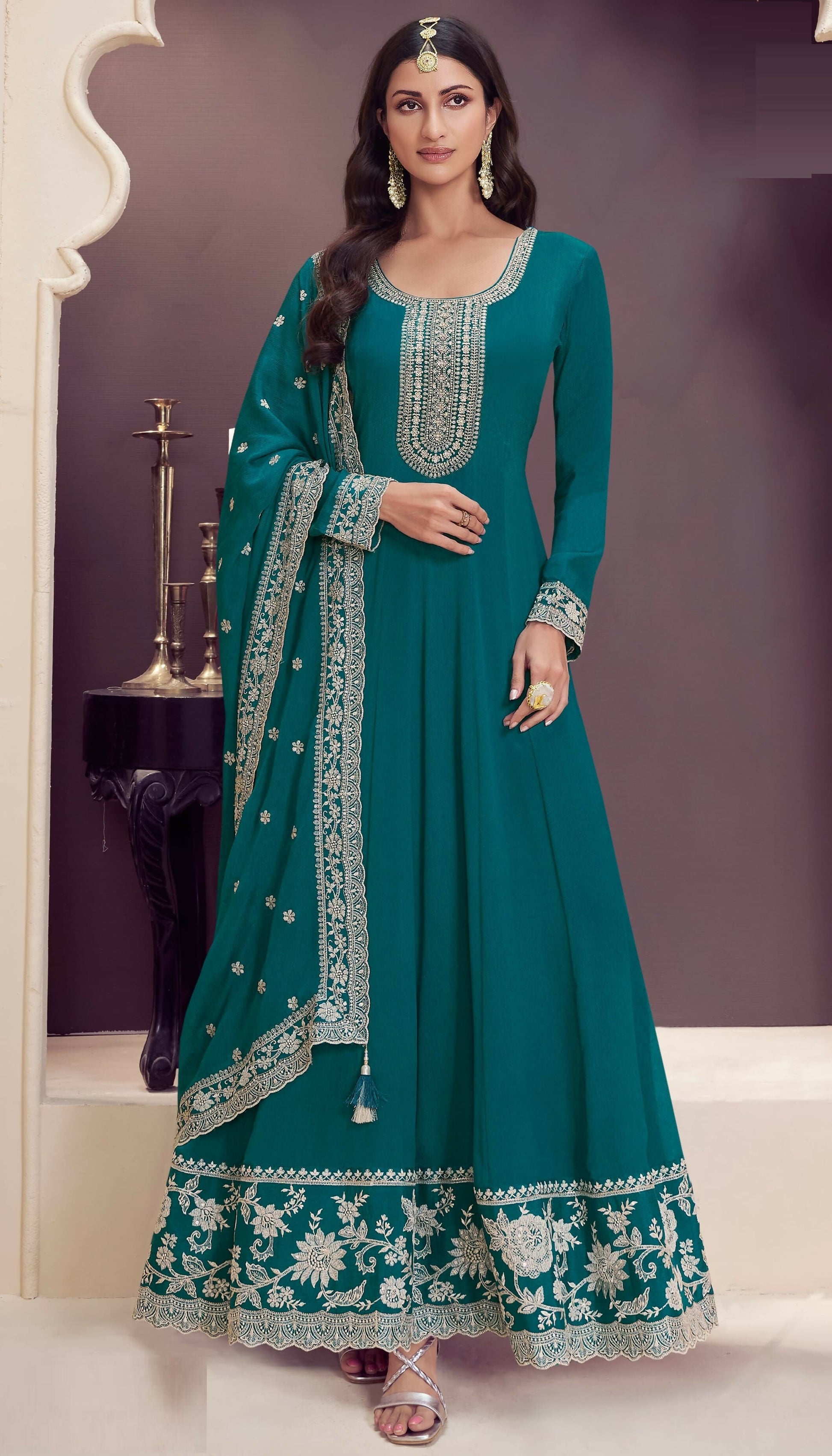 Anaita Dark Green Embroidered Silk Stitched Anarkali suit
