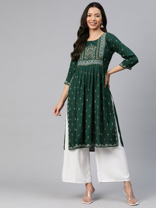 Kalini Ethnic Motifs Printed High Slit Mirror Work Kurta - Swadesiicart
