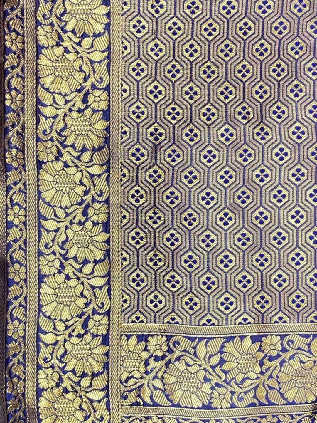 Kalini Navy Blue & Gold-Toned Woven Design Zari Silk Blend Fusion Banarasi Saree | Swadesiicart