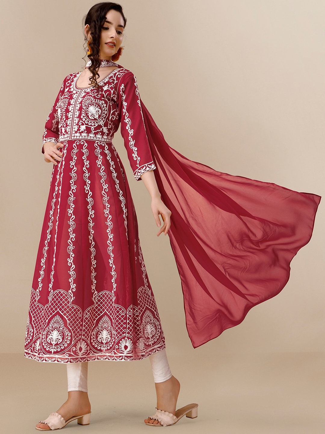 HERE&NOW Maroon & White Ethnic Motifs Embroidered Chikankari Kurta & Dupatta | Swadesiicart