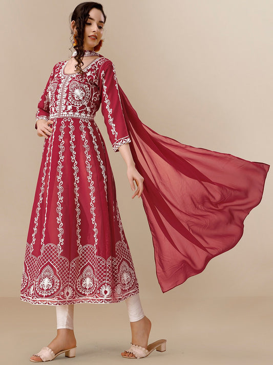 HERE&NOW Maroon & White Ethnic Motifs Embroidered Chikankari Kurta & Dupatta | Swadesiicart