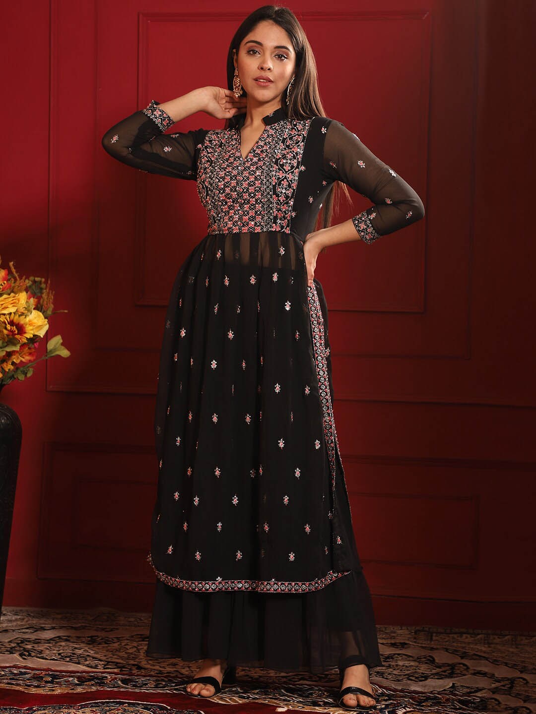 Kalini Embroidered Pleated Thread Work Kurta with Sharara | Swadesiicart