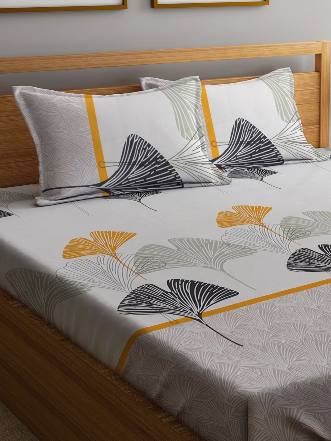 Home Sizzler Grey & Yellow Floral 210 TC Queen Bedsheet with 2 Pillow Covers - Swadesiicart