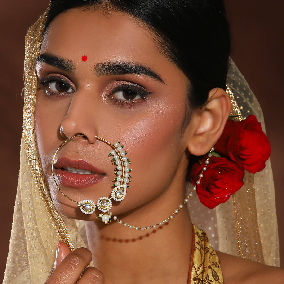 Gold-Polished White Kundan Studded Pearl Beaded Nose Pin - Ruby Raang | Swadesiicart