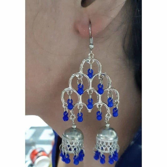 MS Fashion India Silver Oxidized Fashion Traditional Double Jhumka Long Thick Blue Pearls Earrings | Swadesiicart