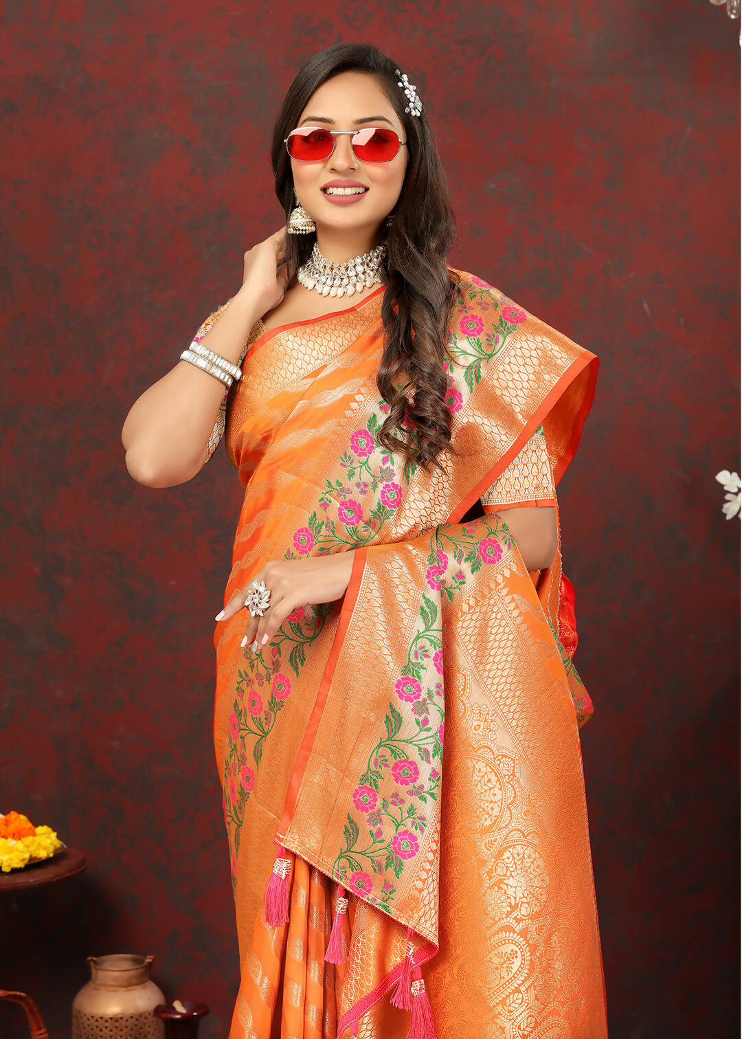 Lorenvalley Fashion Orange Soft Silk Woven Design with Zari Weaving Leheriya Design Saree - Swadesiicart