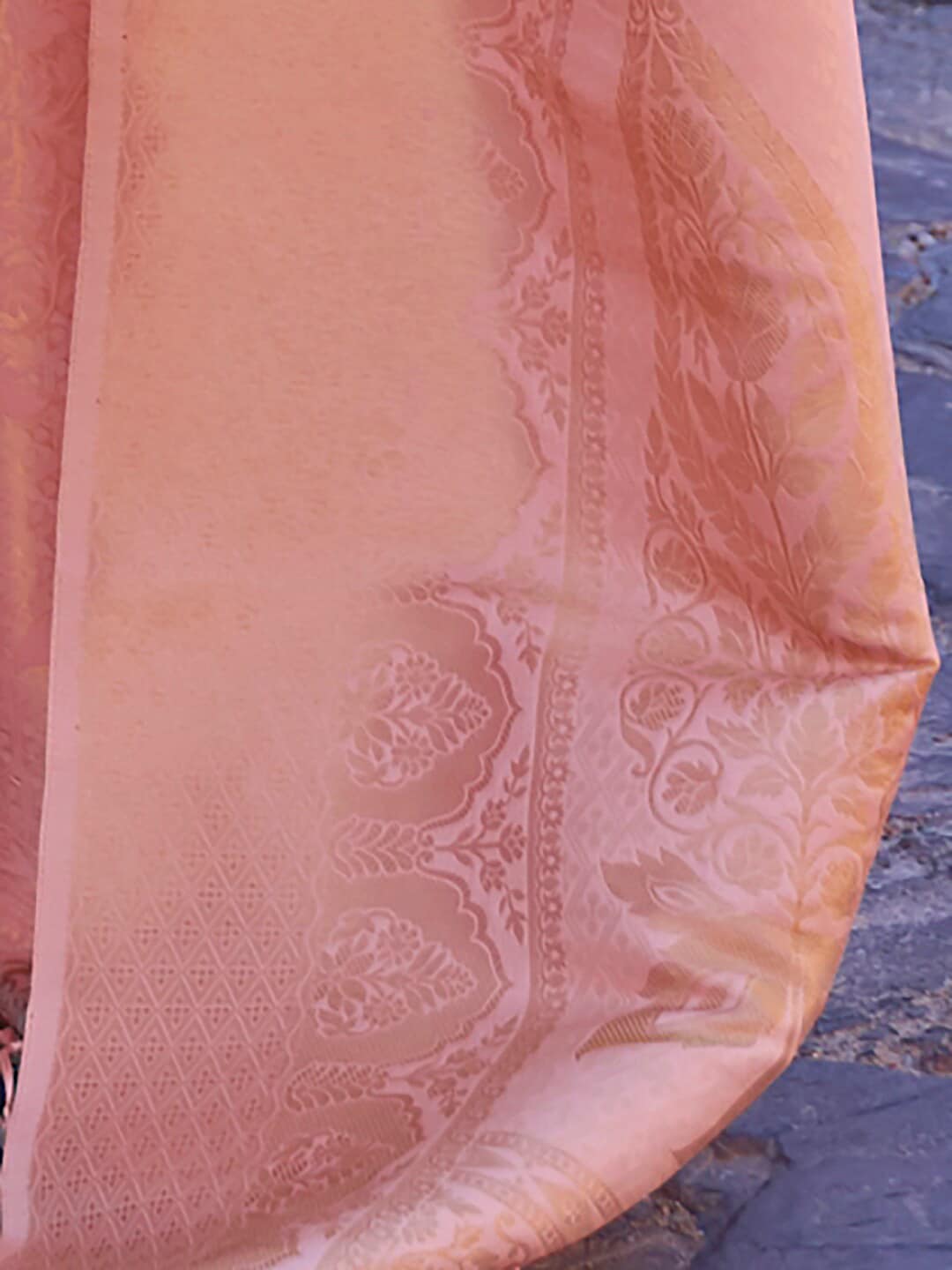 Mitera Peach-Coloured & Gold-Toned Ethnic Motifs Zari Silk Blend Banarasi Saree | Swadesiicart