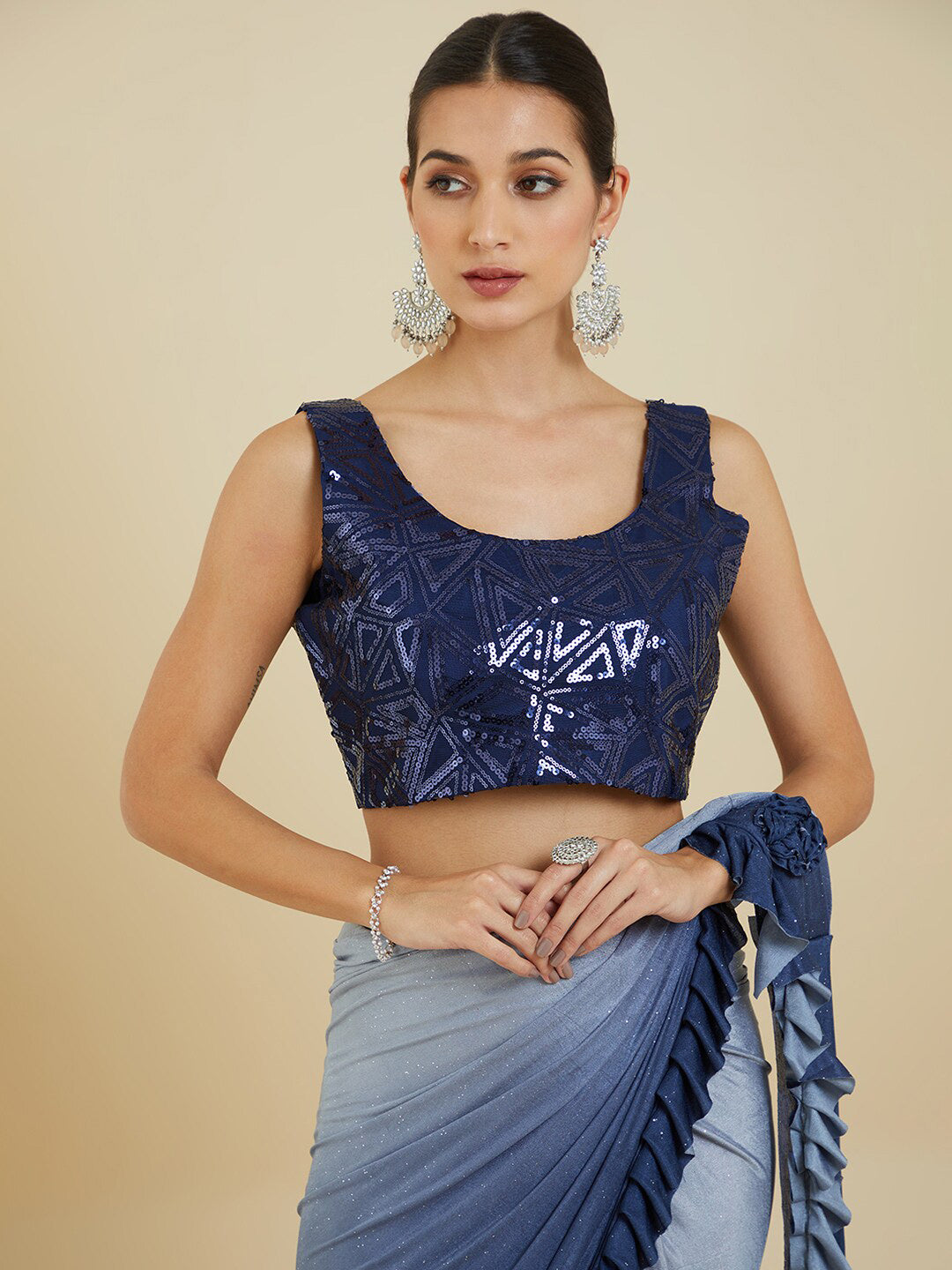 Soch Blue Sequinned Poly Crepe Ready to Wear Saree | Swadesiicart