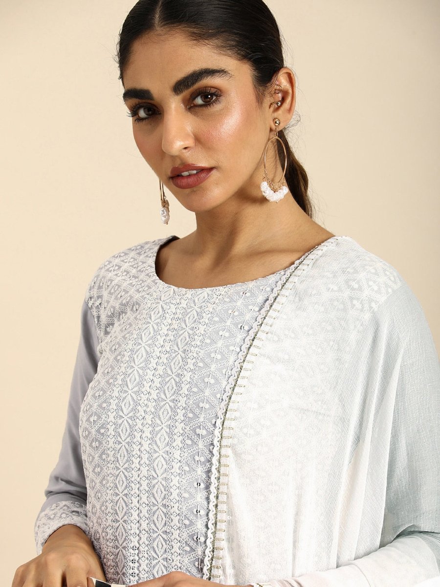 All About You Women Embroidered Chikankari Kurta With Trousers & With Dupatta | Swadesiicart