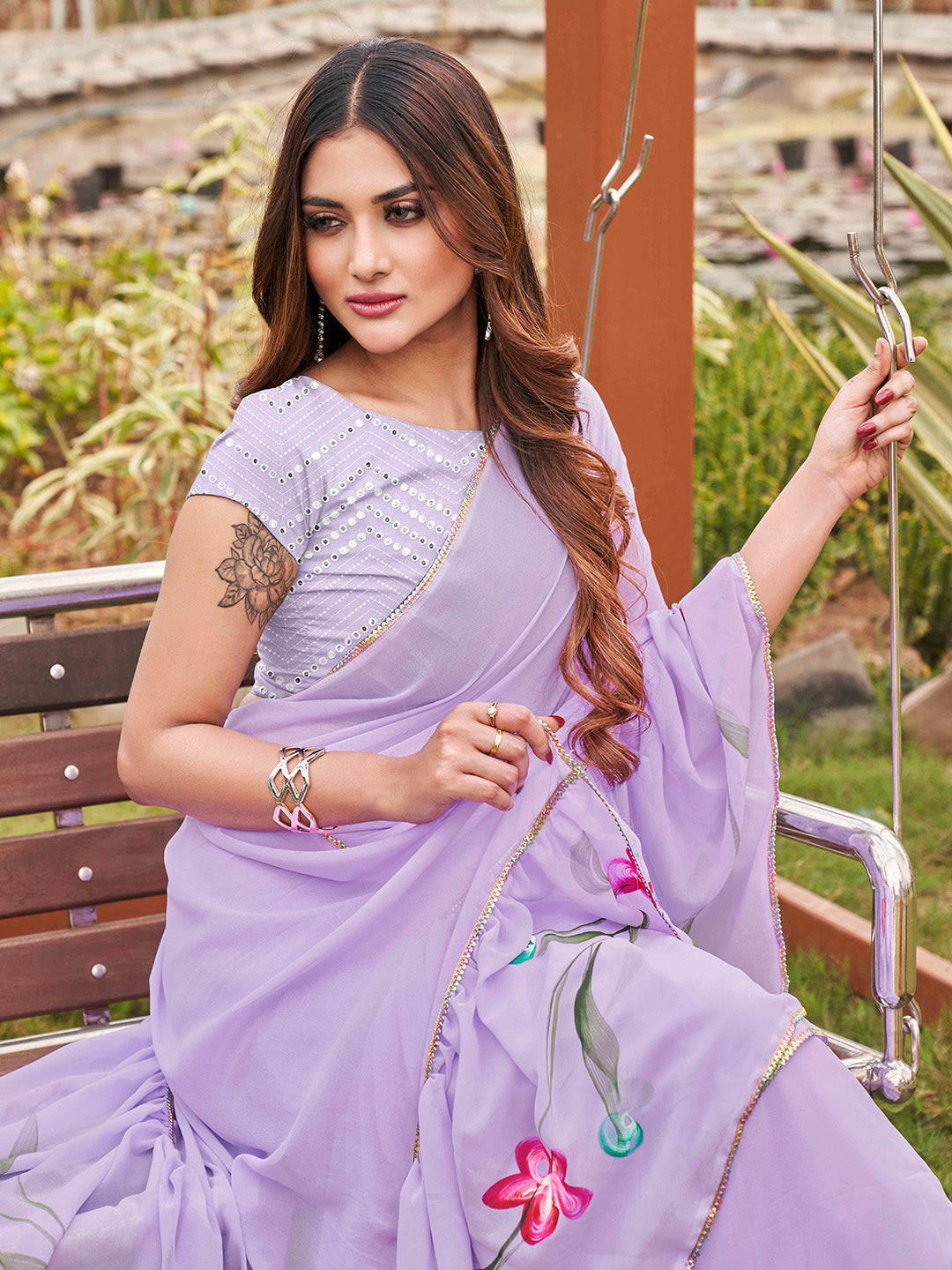 Tikhi Imli Printed Ruffle Saree With Mirror Embroidered Work Blouse | Swadesiicart