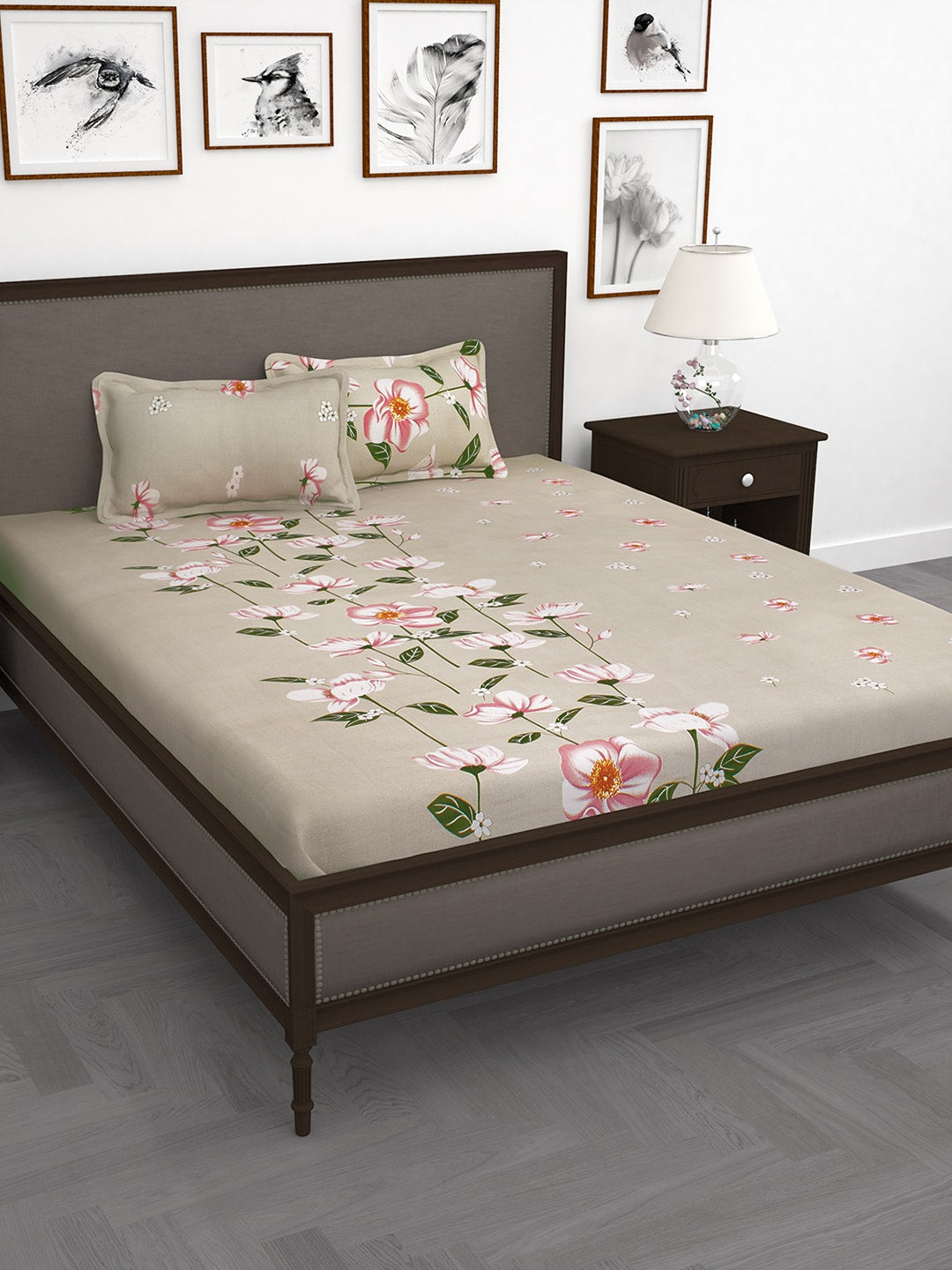 Story@home Beige & Red Floral Flat 240 TC 1 Double Bedsheet with 2 Pillow Covers - Swadesiicart