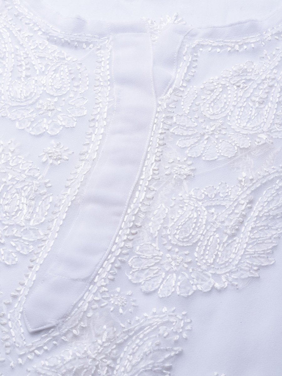 ADA Women White & Black Chikankari Embroidered Handloom Kurta & Slip with Churidar | Swadesiicart
