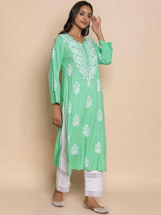 HOUSE OF KARI Floral Embroidered Chikankari A-Line Kurta | Swadesiicart