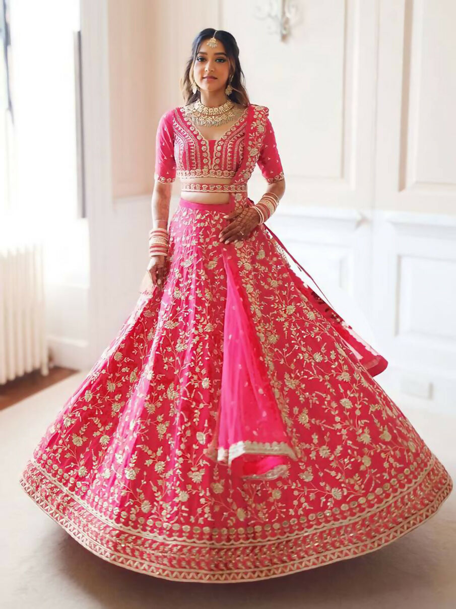 Jyoti Fashion Gajri Red Zari and Sequins Embroidered Malai Satin Silk Lehenga Choli with Dupatta | Swadesiicart